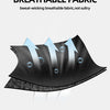 A black fabric material with arrows indicating breathability and moisture-wicking properties.