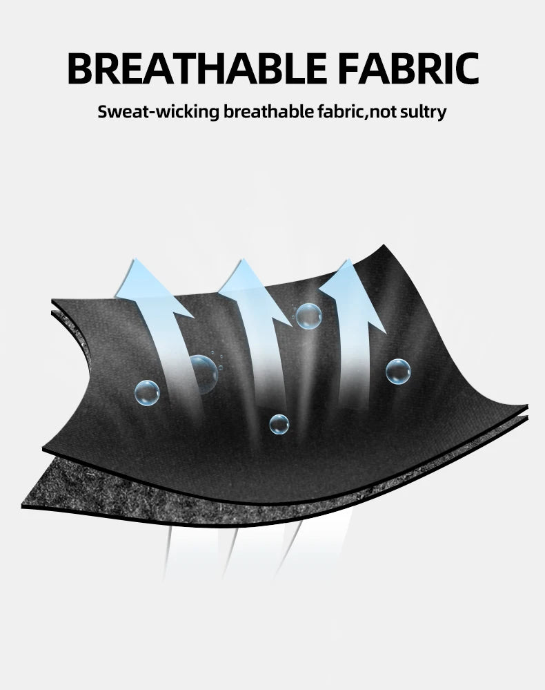 A black fabric material with arrows indicating breathability and moisture-wicking properties.