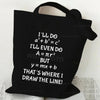 Black canvas tote bag featuring a mathematical equation and text on the front.