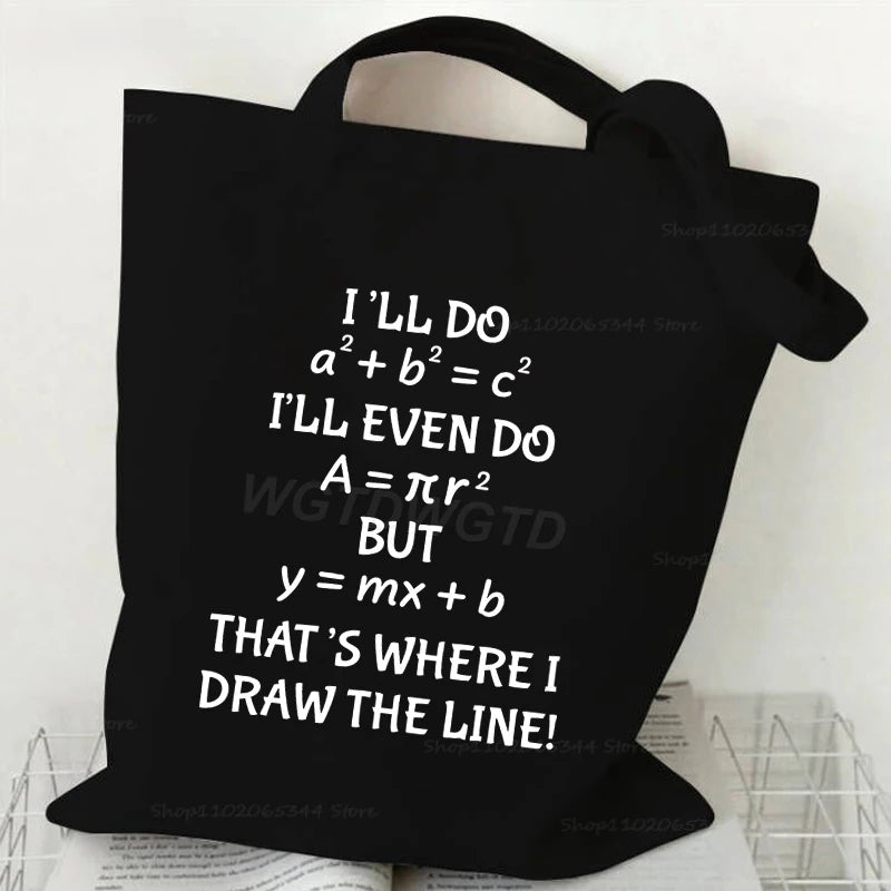 Black canvas tote bag featuring a mathematical equation and text on the front.