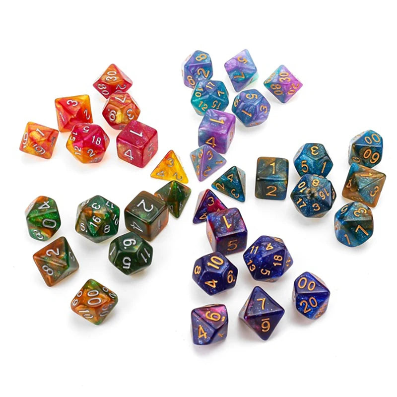 A collection of multicolor polyhedral dice, including d4, d6, d8, d10, d12, and d20, scattered on a white background.