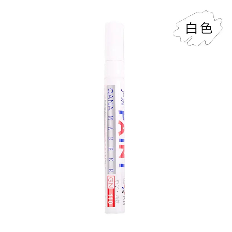 A white touch-up pen for car scratch repair with red and blue accents.
