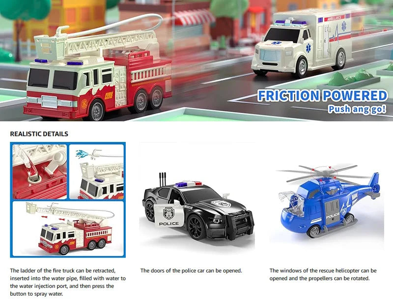 Friction Powered Emergency Vehicle Toy Set with Lights and Sounds