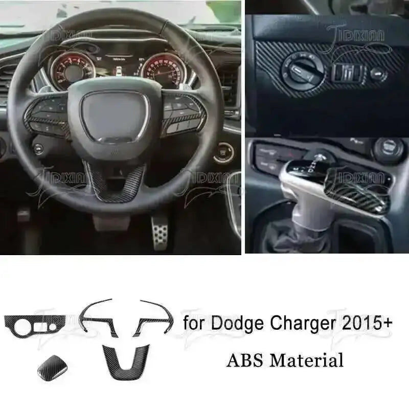Carbon fiber interior trim kit for Dodge Charger 2015+ featuring ABS material components.