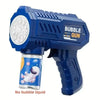 A blue bubble gun toy with a white nozzle and a clear plastic bottle of bubble liquid.