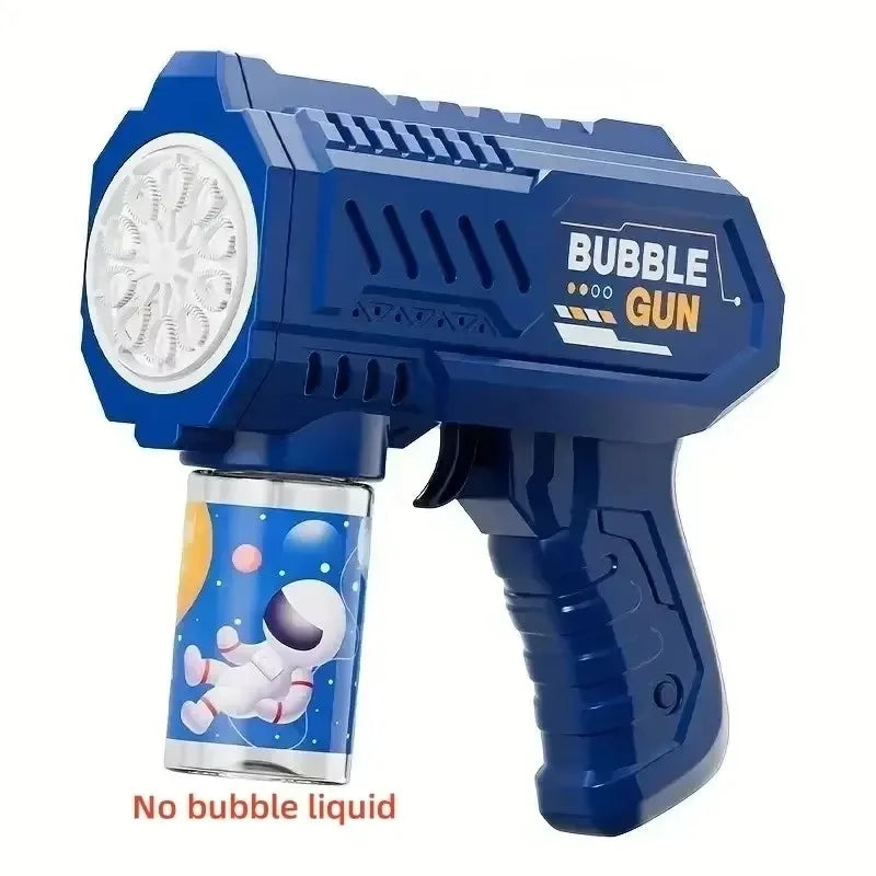 A blue bubble gun toy with a white nozzle and a clear plastic bottle of bubble liquid.