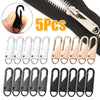 A set of five metal zipper slider repair kits in silver and black finishes.