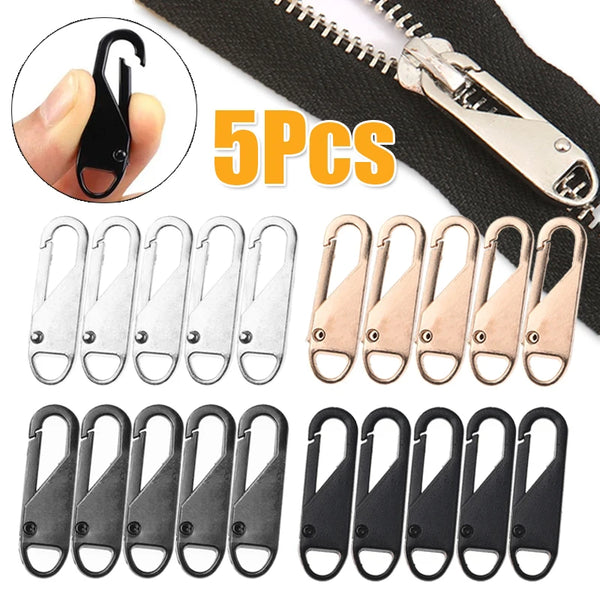 A set of five metal zipper slider repair kits in silver and black finishes.