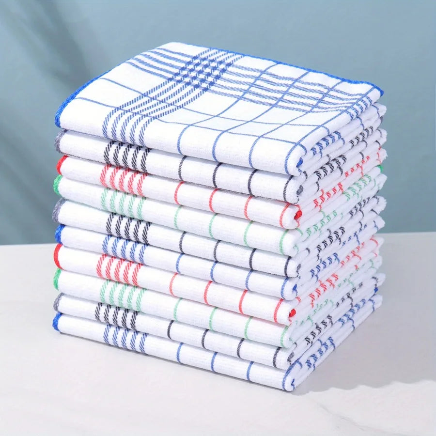 A stack of six white and blue absorbent lint-free dish cloths or kitchen towels.
