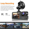A black dash cam device is shown with a screen displaying a car, illustrating loop recording features.