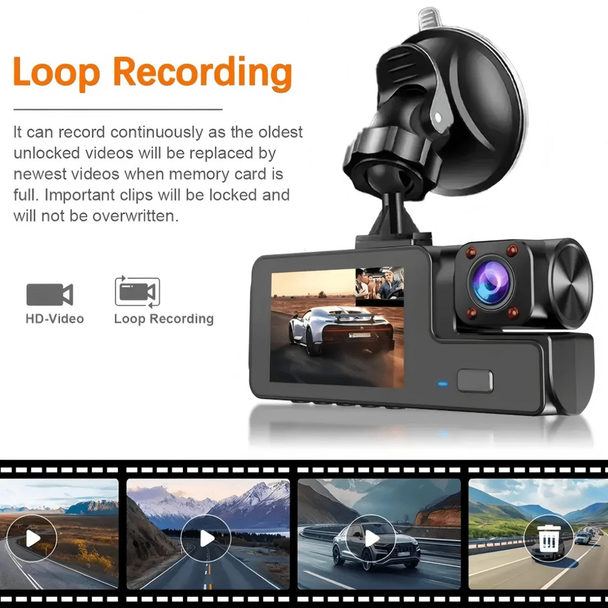 A black dash cam device is shown with a screen displaying a car, illustrating loop recording features.