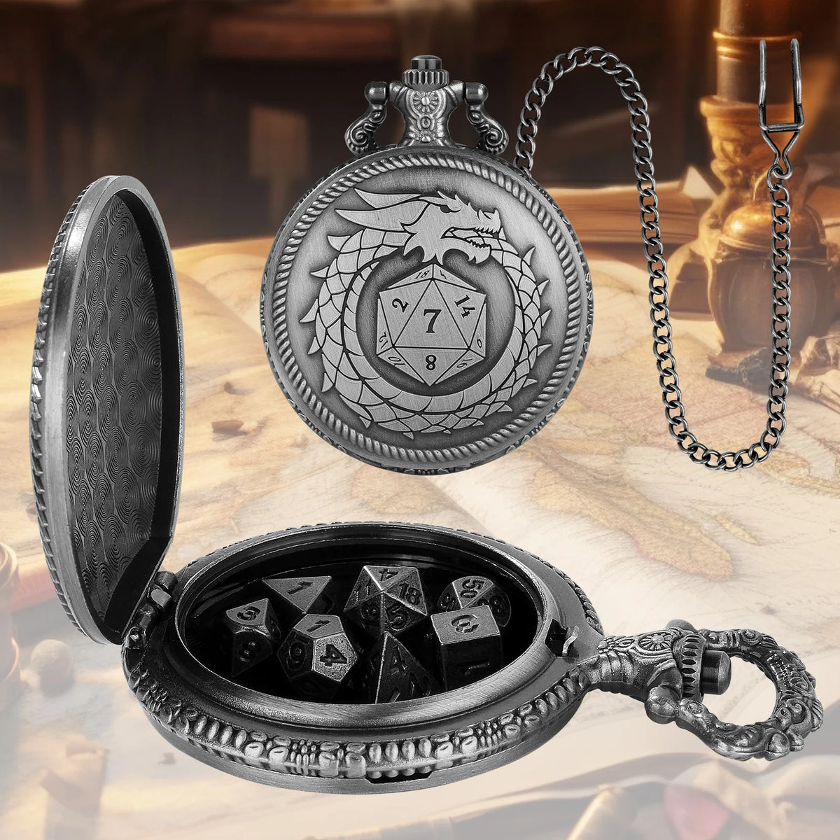 A detailed image of a dragon-themed metal dice case and watch, featuring a 7-sided polyhedral die.