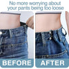 Before and after comparison showing adjustable jeans waist tightener buttons used to adjust the fit of denim pants