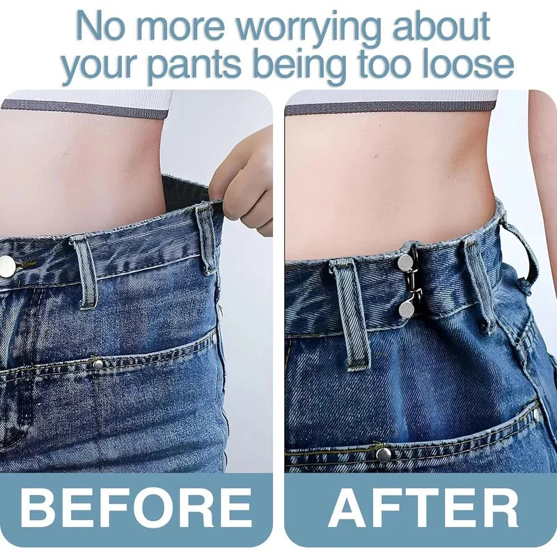 Before and after comparison showing adjustable jeans waist tightener buttons used to adjust the fit of denim pants