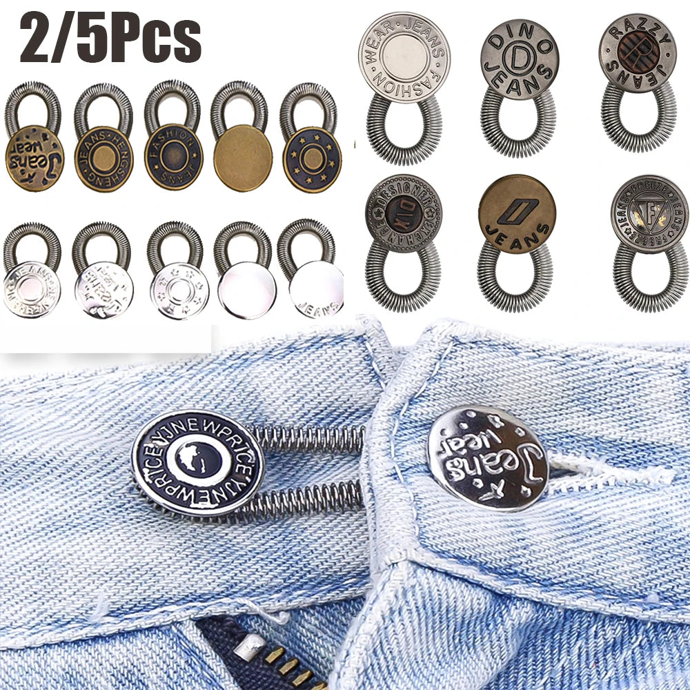 A collection of 2 to 5 metal extender buttons in various sizes and finishes for clothing