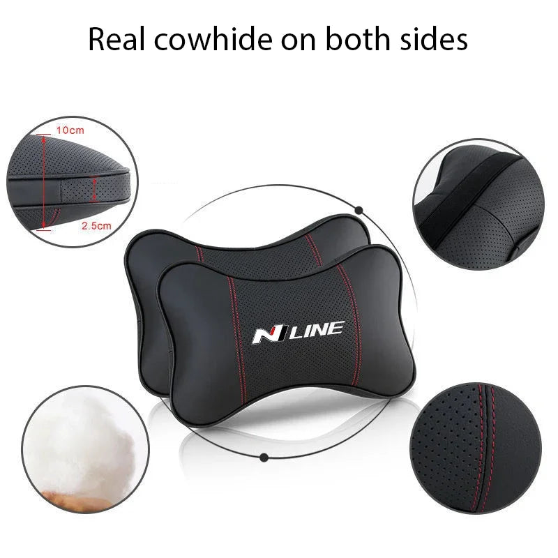 Black PU leather car headrest pillow and seatbelt shoulder pad set with real cowhide on both sides
