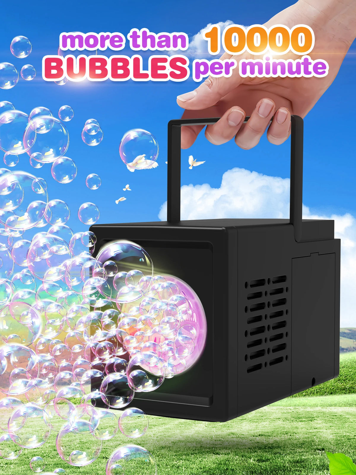 A hand holds a black handheld bubble machine that is actively blowing many bubbles into the air.