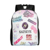 A pink and white canvas daypack backpack featuring various text and graphic designs.
