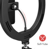 A black selfie ring light with a soft tube cable connected to a tripod stand.