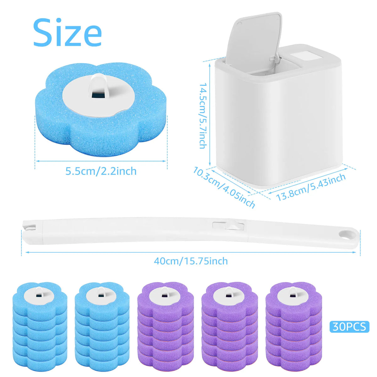 Lot de 30 têtes de brosse à toilette jetables avec longs manches bleus et violets.