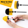 A yellow and black rotary cleaning brush set with an extension shaft is shown being used by a hand.