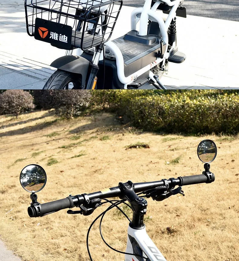 A close-up view of a bicycle with a mounted rearview mirror and a basket, showing the adjustable mirror setup.