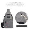 Gray fanny pack with an intimate headphone jack feature shown on the front and a close-up of the connection point