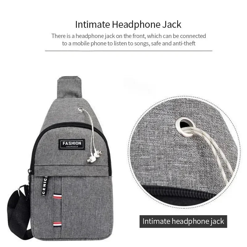 Gray fanny pack with an intimate headphone jack feature shown on the front and a close-up of the connection point