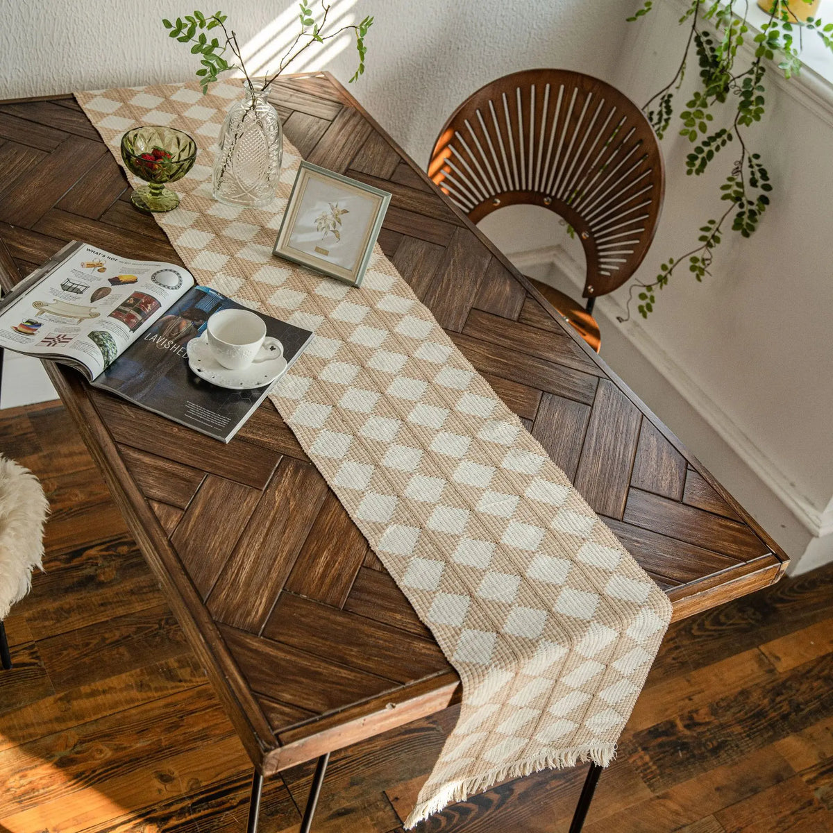 Boho Farmhouse Linen Table Runner with Macrame Fringe