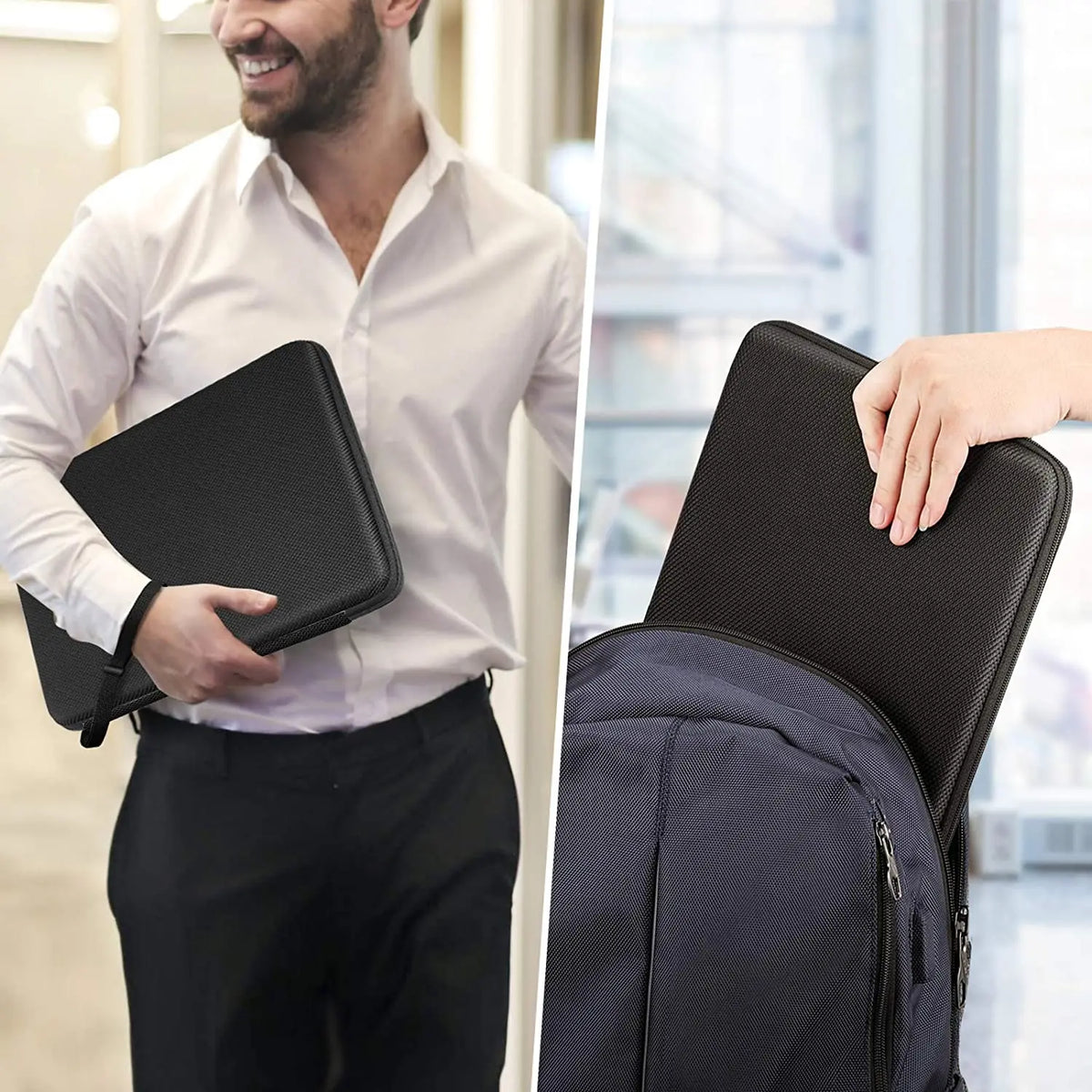 A man in a white shirt and black pants is holding a black laptop sleeve while standing near a window.