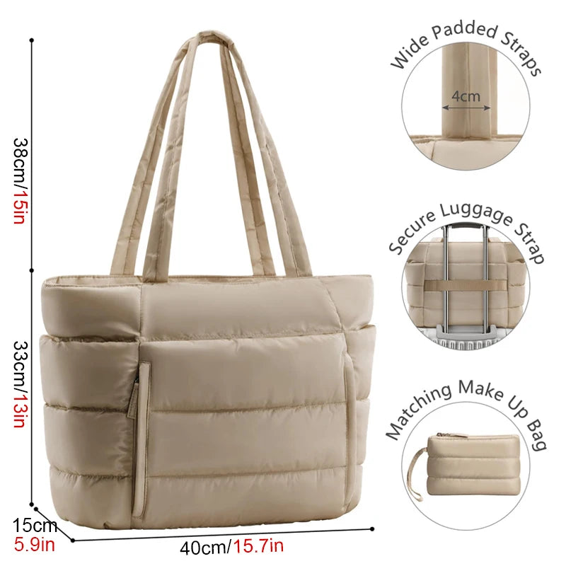 Beige quilted puffy tote bag with wide straps and a secure luggage strap