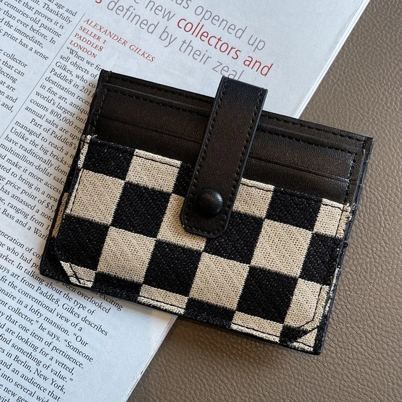 Checkered Canvas Card Wallet with Buckle Closure