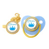 Gold and blue crystal rhinestone pacifier chain clip set with silicone nipple