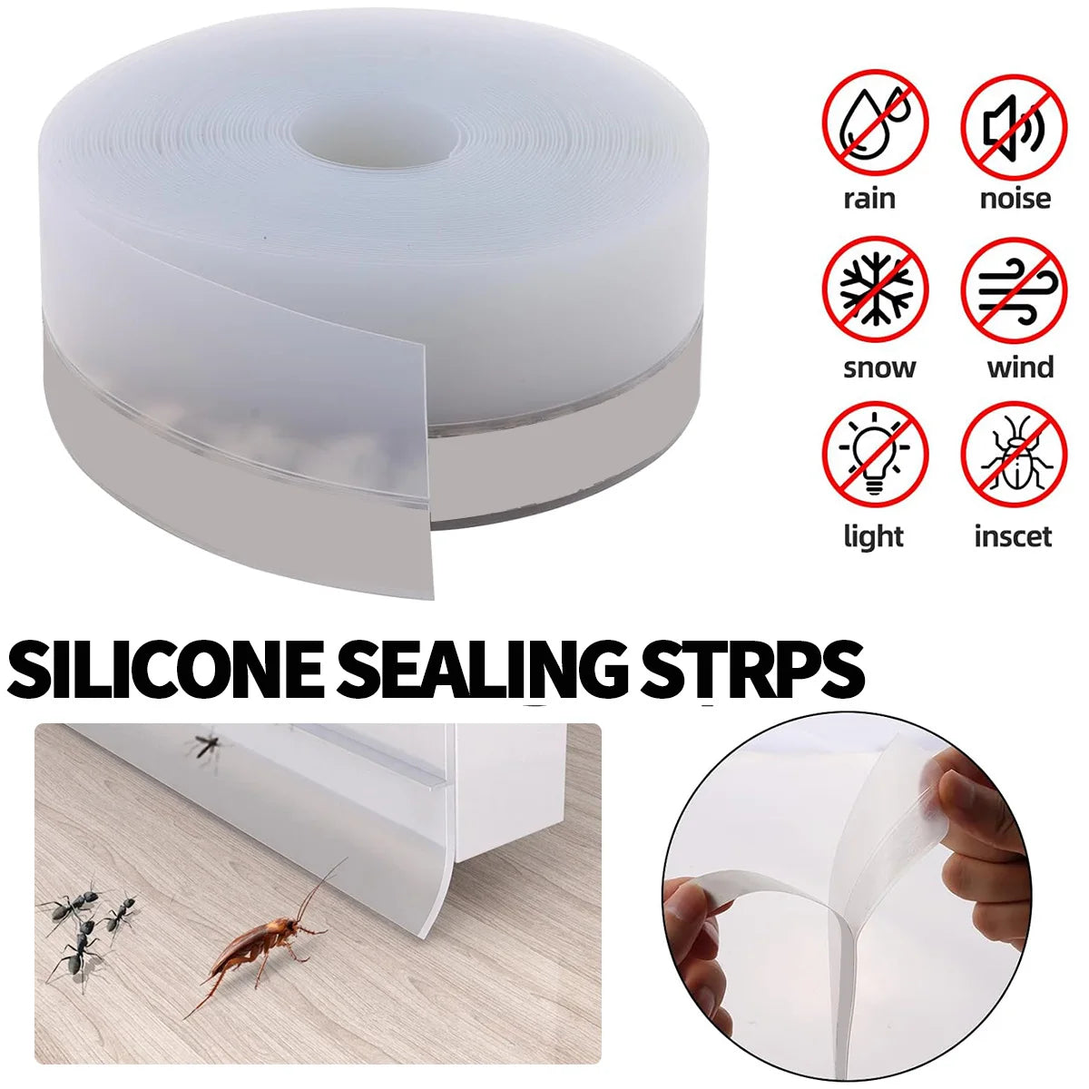 Roll of silicone sealing strips used for weatherproofing doors and windows, shown with close-ups of its features.