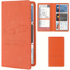 An orange faux leather document organizer featuring a wallet and ID holder with business cards and driver's licenses.