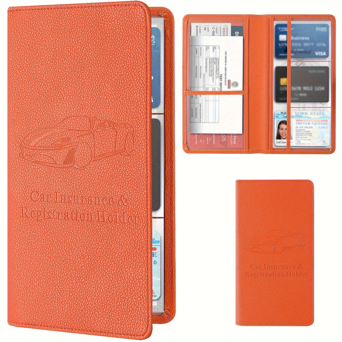 An orange faux leather document organizer featuring a wallet and ID holder with business cards and driver's licenses.
