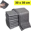 A stack of gray reusable microfiber cleaning cloths, measuring 30 x 30 cm.