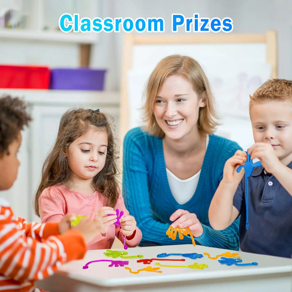 A woman and children are engaged in an activity using colorful stretchy sticky hands party favors.