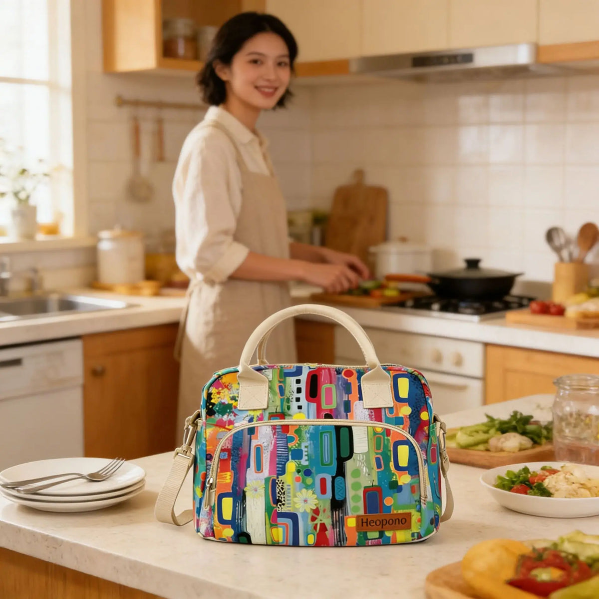 A colorful insulated picnic lunch bag with a light strap resting on a kitchen counter.