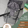 A black wire shopping cart is shown with a gray waterproof cover placed over the seat, emphasizing clean hygiene and security
