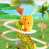 A yellow duck toy is featured on a green wooden track designed for climbing and fun.
