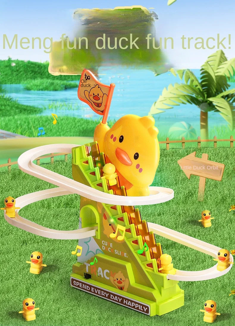 A yellow duck toy is featured on a green wooden track designed for climbing and fun.