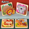 Four pieces of a wooden puzzle set featuring cartoon animals and traffic shapes for children's learning.