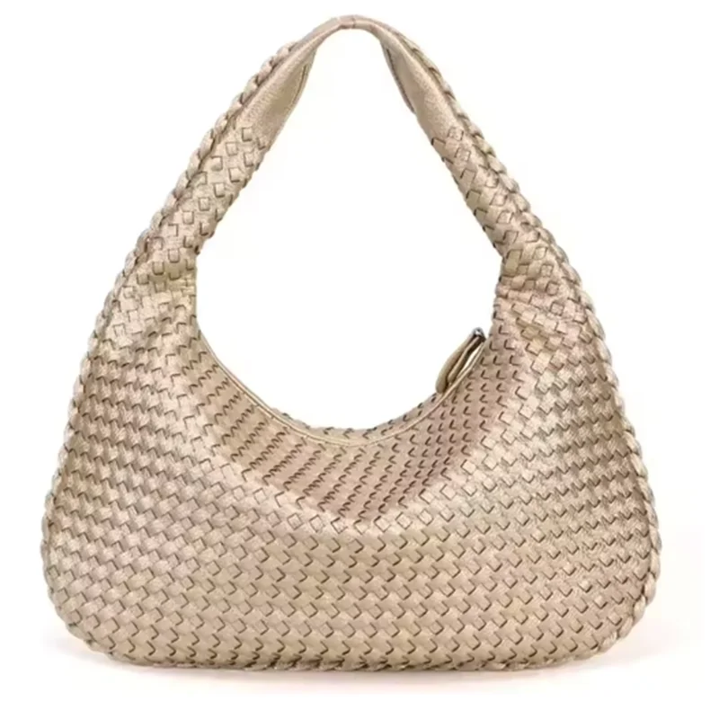 A beige vegan leather woven hobo bag with a textured pattern.