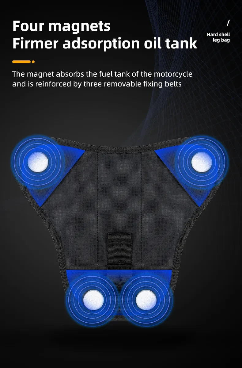A black magnetic oil tank pack for motorcycles with four magnetic discs and three fixing belts.