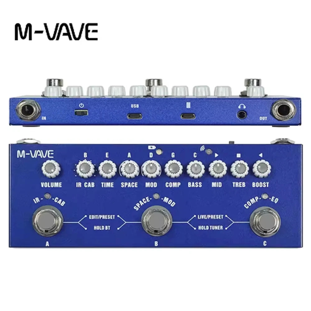 Blue M-VAVE multi-effects guitar pedal with various knobs and input/output jacks