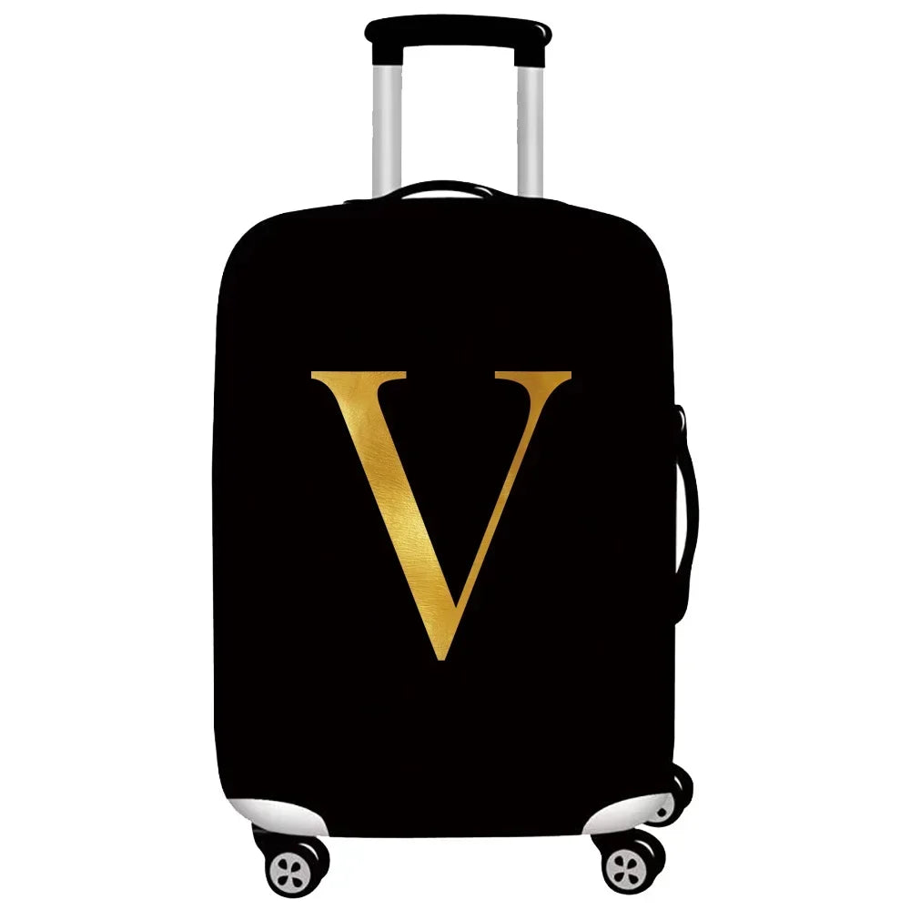 Black rolling suitcase with a gold letter V print on the side.