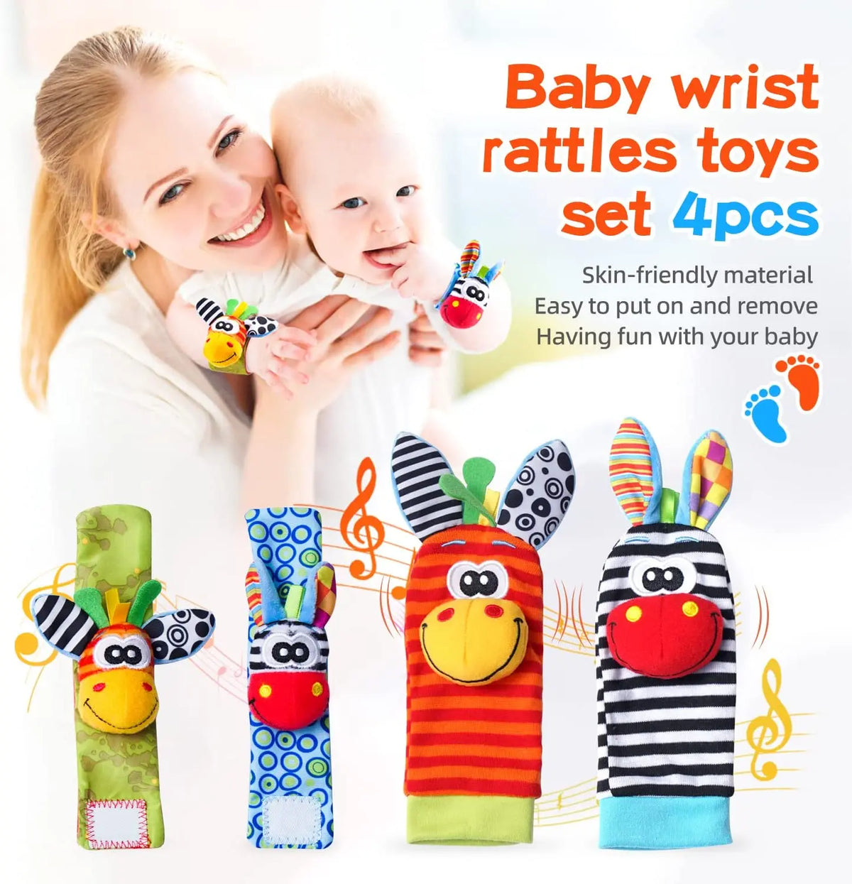 Baby Wrist Rattles and Animal Socks Set for Sensory Development