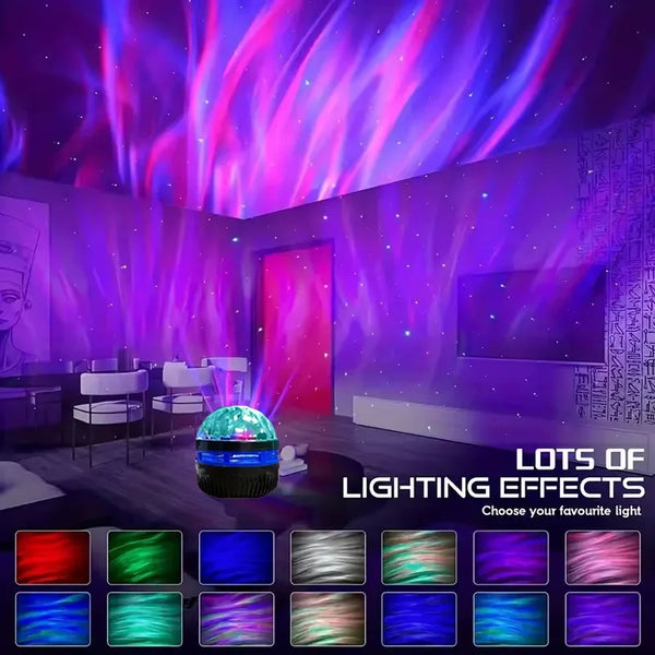 A display showing various colorful lighting effects and light patterns on a wall.