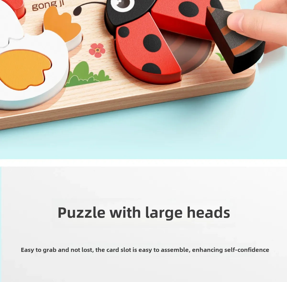 A hand is assembling a wooden jigsaw puzzle featuring large animal and traffic themed pieces.